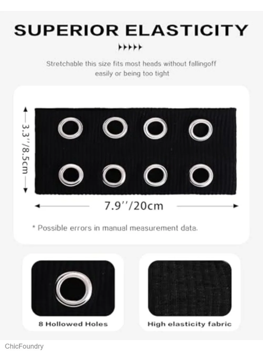 Wide Stretch Headband with Metal Grommets for Women Men Black